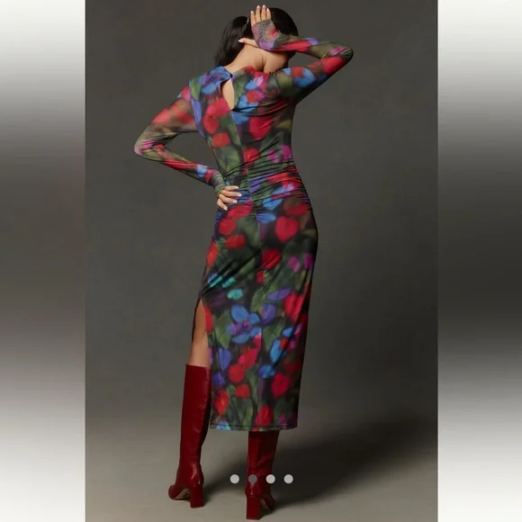 🎉LAST ONE🎉Anthropologie NWT Farm Rio Mock- Neck Mesh Slim Midi Dress size XS. - Picture 5 of 16